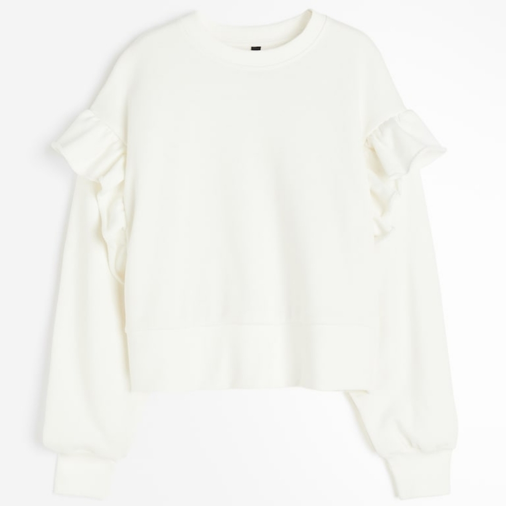 H&M Oversized Cotton Ruffle Trimmed Sweatshirt White Medium